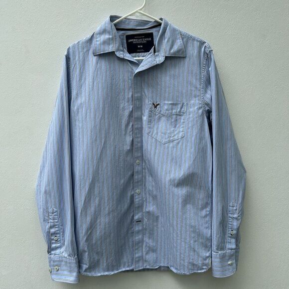American Eagle Outfitters Vintage Fit Men’s Button Down Shirt Blue Brown Striped - Picture 1 of 5